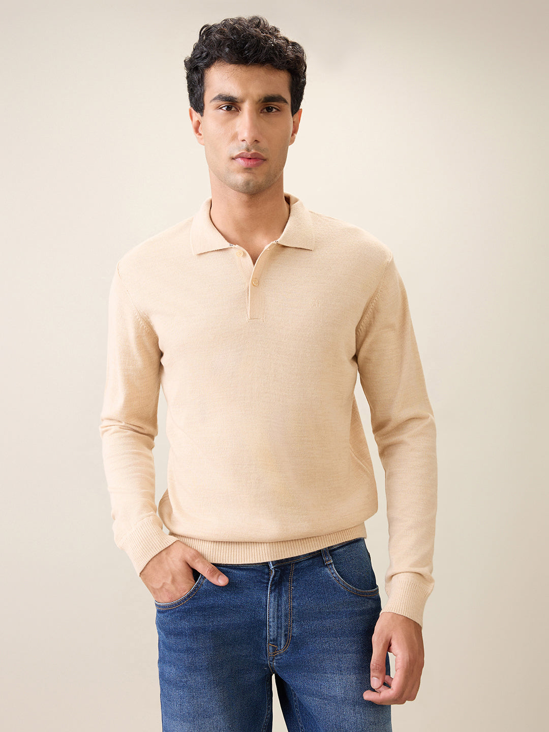 Raymond Men Brown Solid Contemporary Fit Wool Blend Full Sleeve Polo Neck Collar Sweater