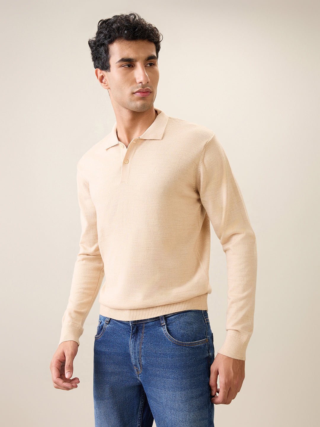 Raymond Men Brown Solid Contemporary Fit Wool Blend Full Sleeve Polo Neck Collar Sweater