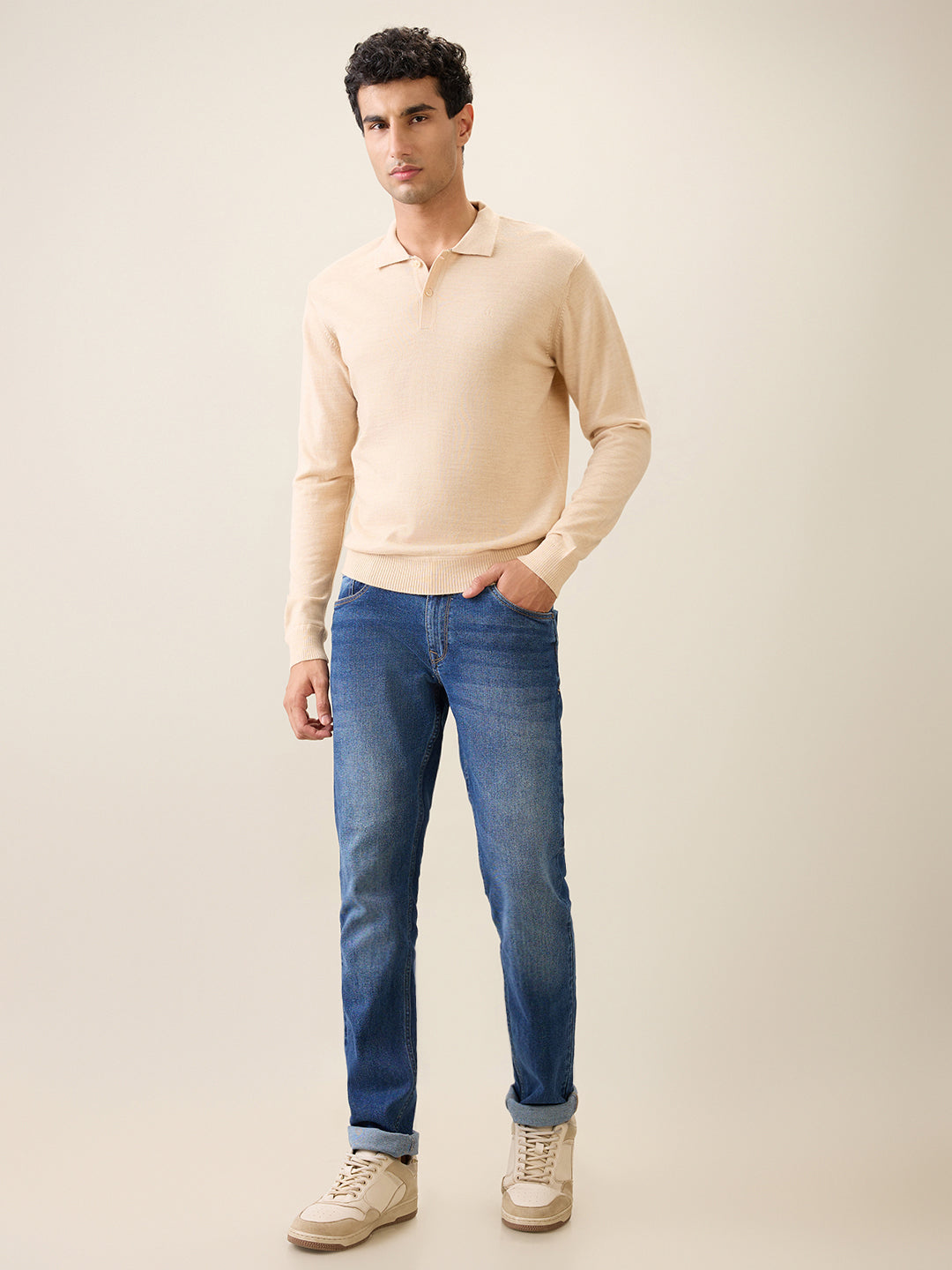 Raymond Men Brown Solid Contemporary Fit Wool Blend Full Sleeve Polo Neck Collar Sweater