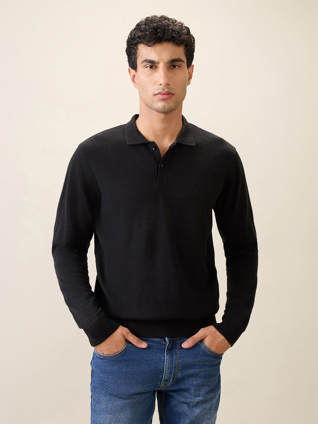 Raymond Men Black Solid Contemporary Fit Wool Blend Full Sleeve Polo Neck Collar Sweater