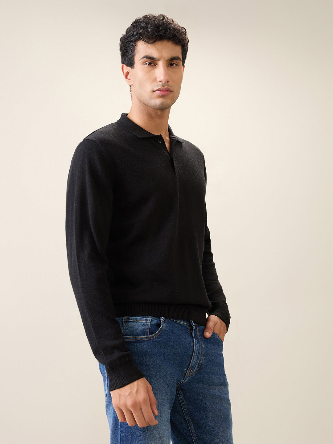 Raymond Men Black Solid Contemporary Fit Wool Blend Full Sleeve Polo Neck Collar Sweater