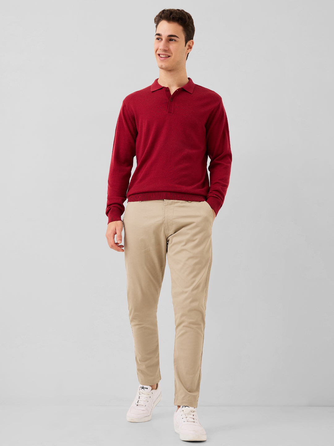 Raymond Men Red Solid Contemporary Fit Wool Blend Full Sleeve Polo Neck Collar Sweater
