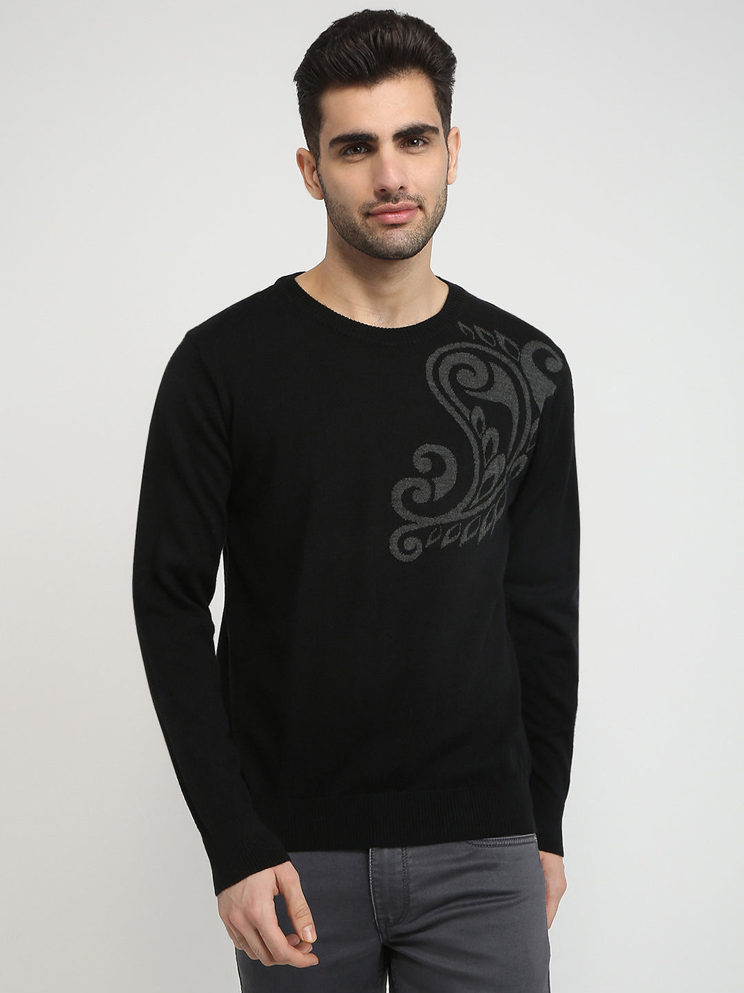 Raymond Men Black Intarsia Wool Blend Full Sleeve Round Neck Collar Sweater