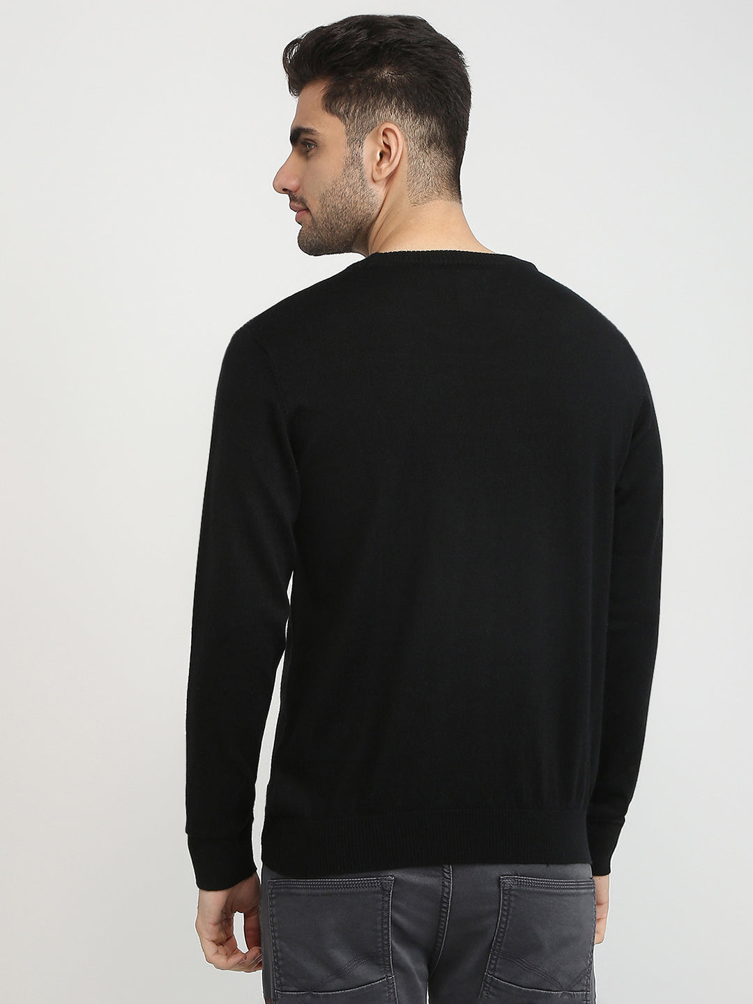 Raymond Men Black Intarsia Wool Blend Full Sleeve Round Neck Collar Sweater