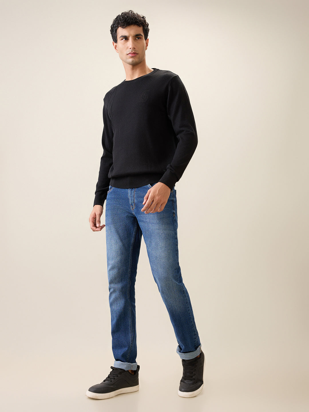 Raymond Men Black Structure Wool Blend Full Sleeve Round Neck Collar Sweater