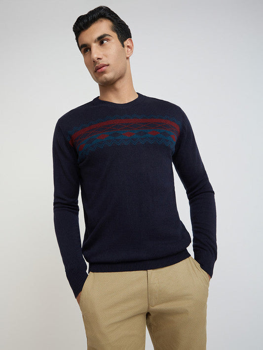 Men Blue Jacquard Acrylic Wool Blend Round Collar Sweaters