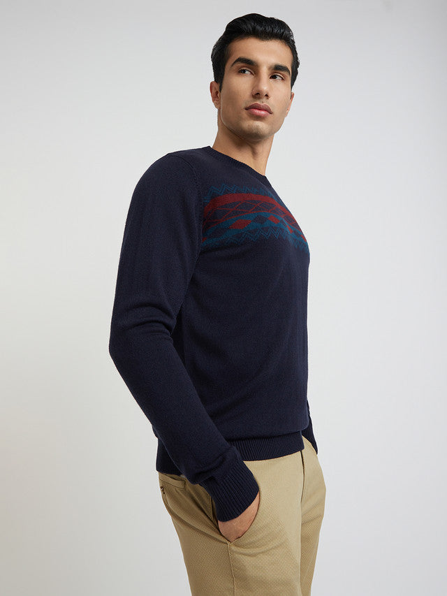 Men Blue Jacquard Acrylic Wool Blend Round Collar Sweaters