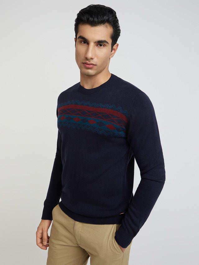 Men Blue Jacquard Acrylic Wool Blend Round Collar Sweaters