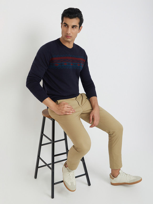 Men Blue Jacquard Acrylic Wool Blend Round Collar Sweaters