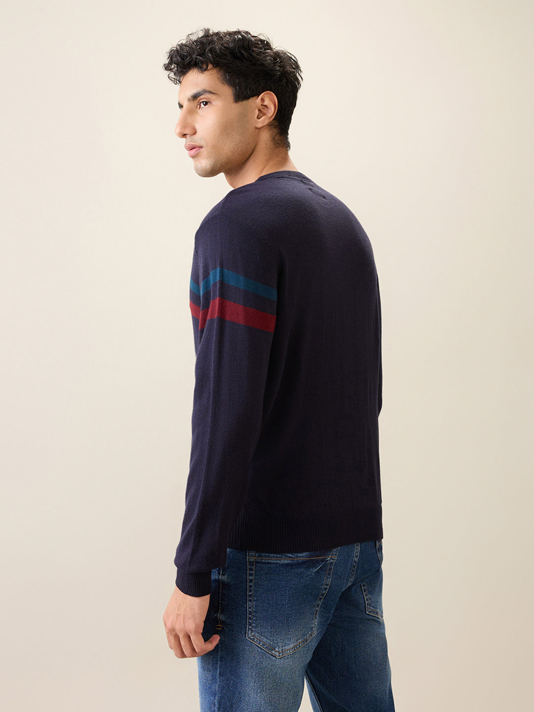 Raymond Men Black Stripe Acrlic Blend Full Sleeve Round Neck Collar Sweater