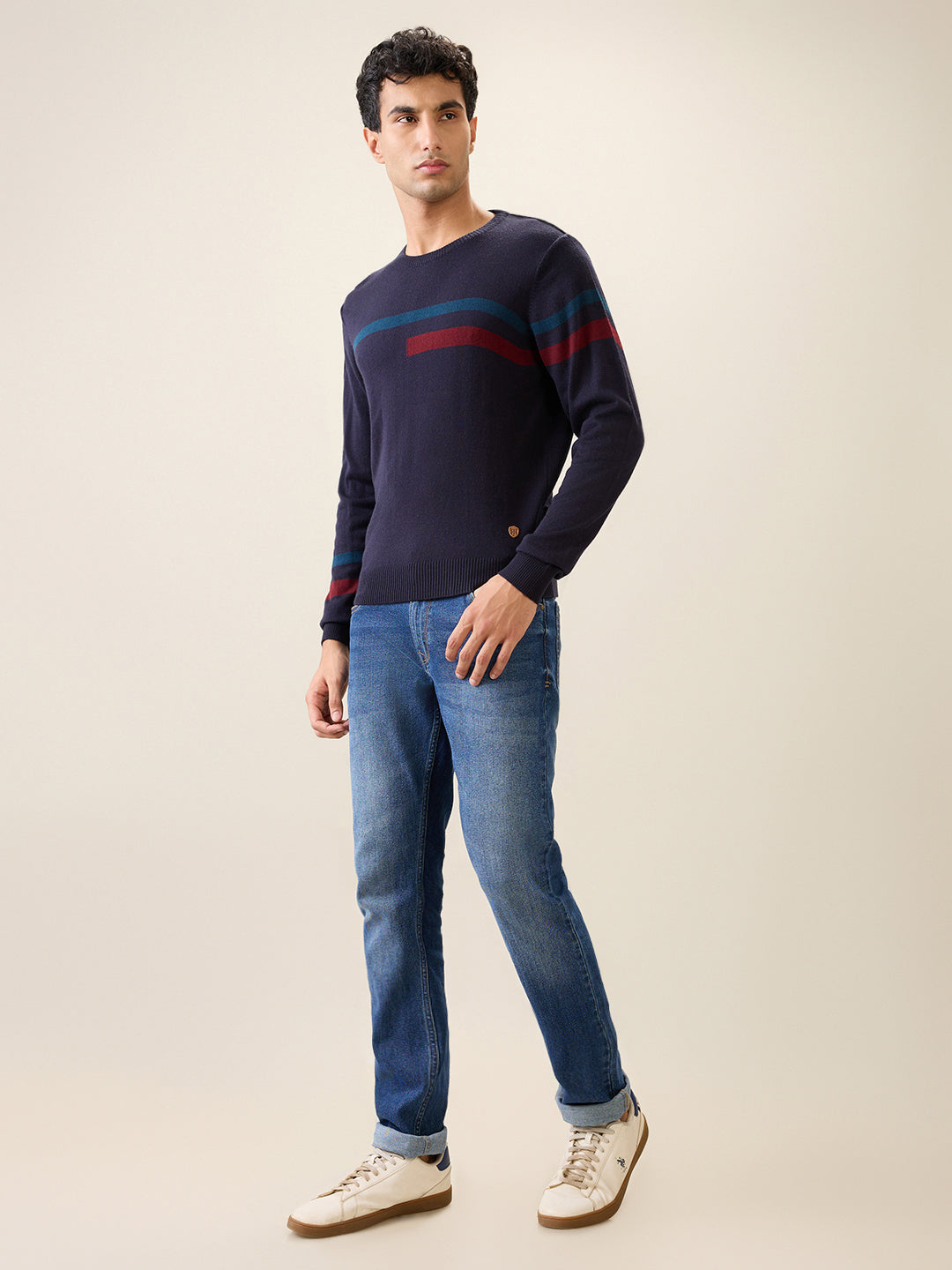 Raymond Men Black Stripe Acrlic Blend Full Sleeve Round Neck Collar Sweater