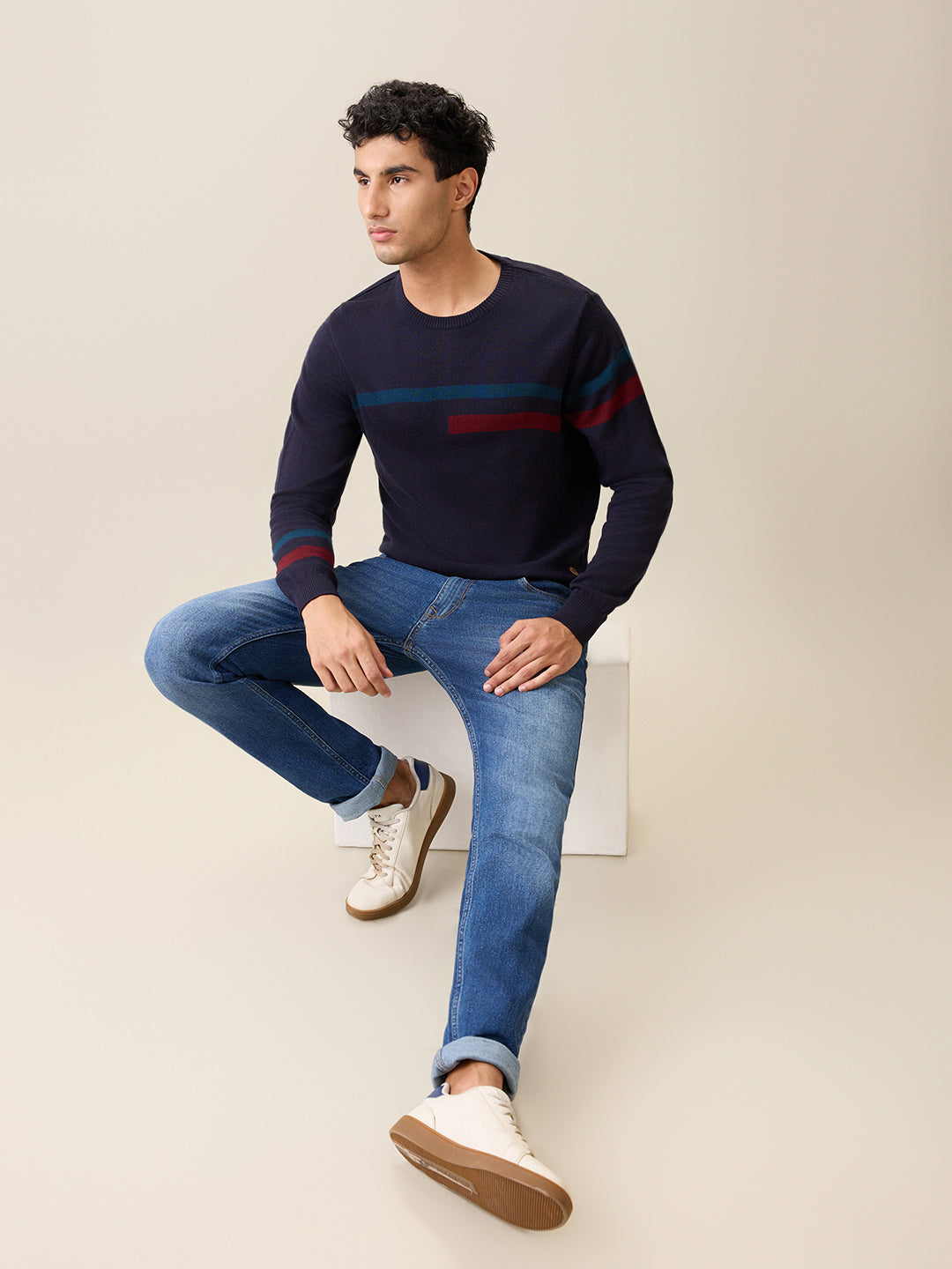 Raymond Men Black Stripe Acrlic Blend Full Sleeve Round Neck Collar Sweater