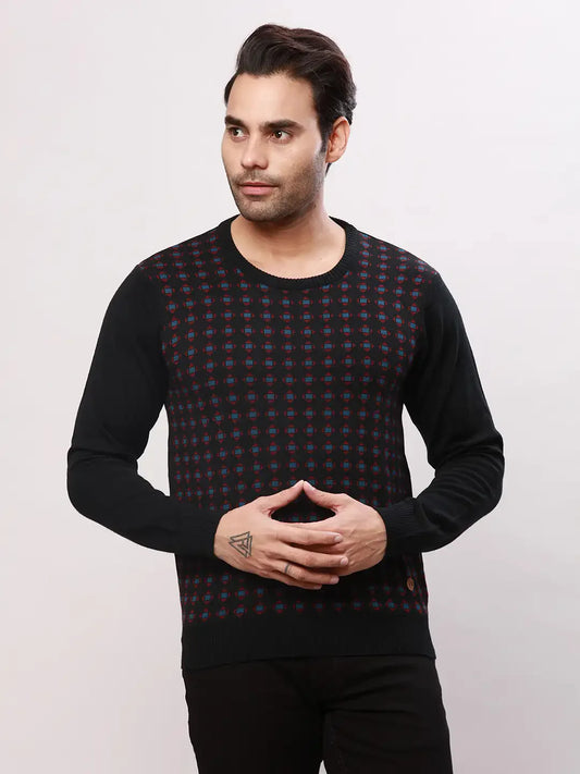 Raymond Men Black Jacquard Acrlic Blend Round Neck Sweaters