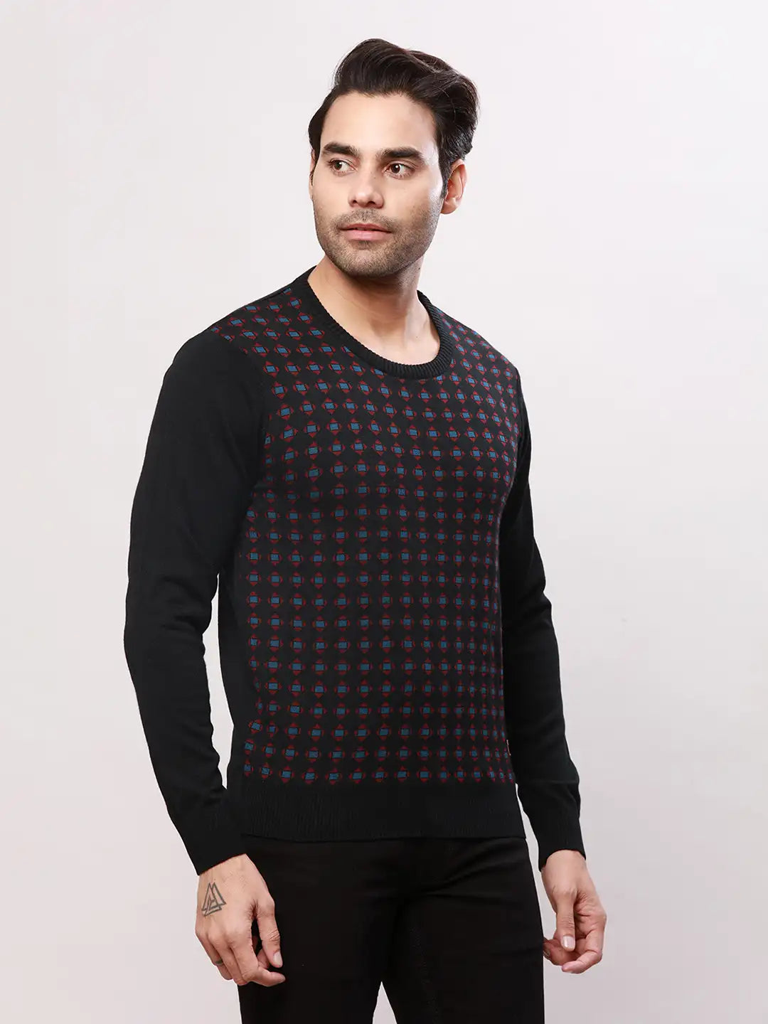 Raymond Men Black Jacquard Acrlic Blend Round Neck Sweaters