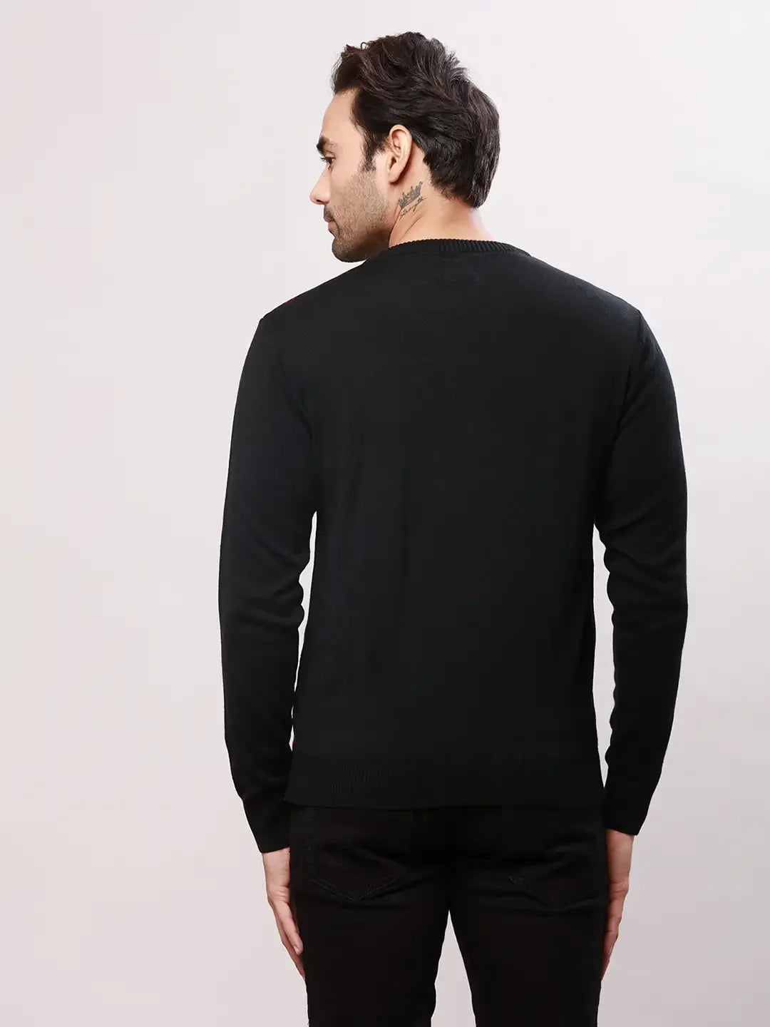Raymond Men Black Jacquard Acrlic Blend Round Neck Sweaters