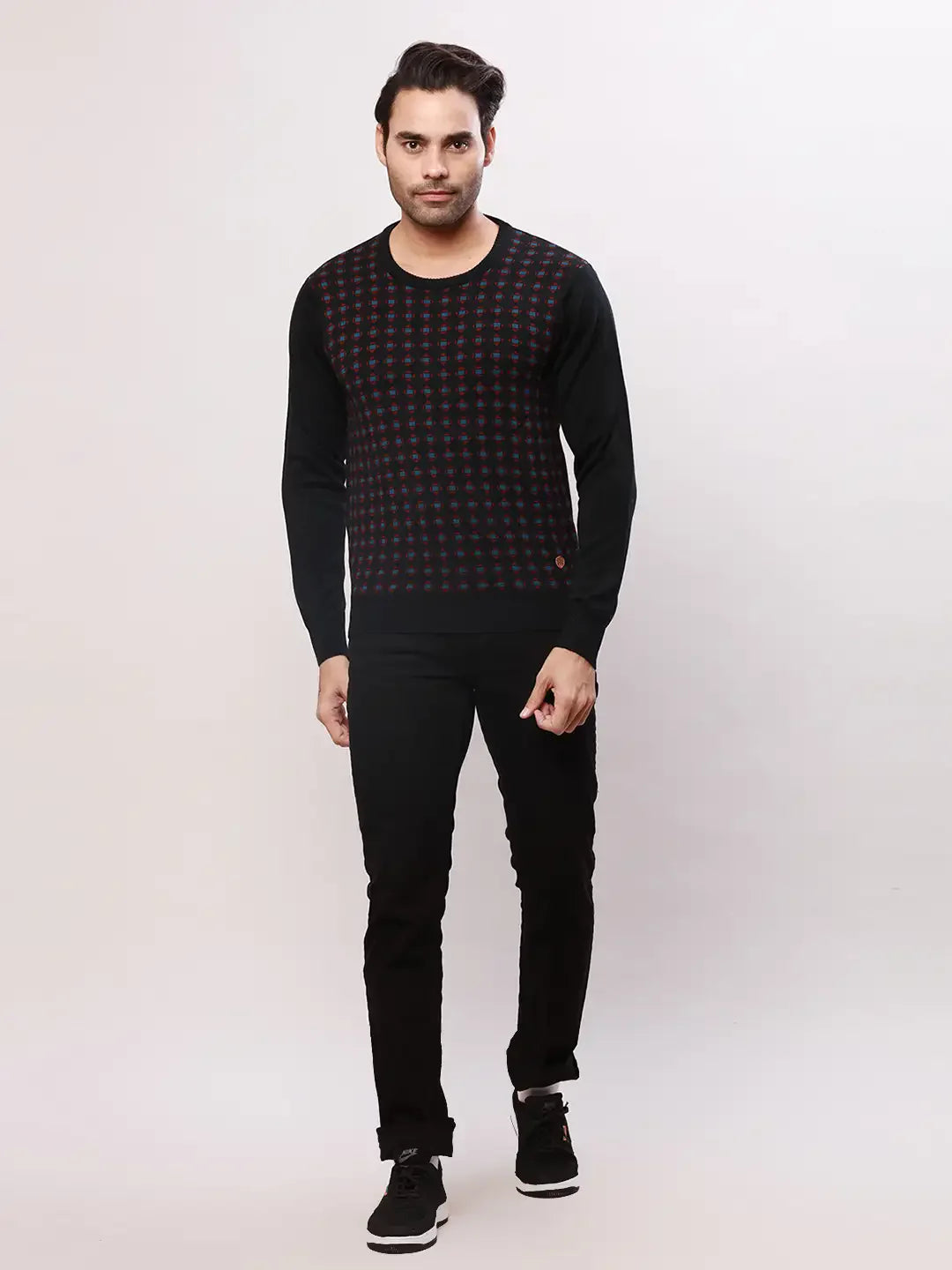 Raymond Men Black Jacquard Acrlic Blend Round Neck Sweaters