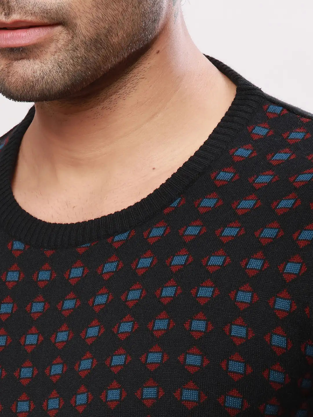Raymond Men Black Jacquard Acrlic Blend Round Neck Sweaters