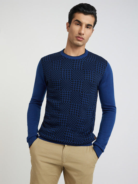 Men Blue Jacquard Acrylic Wool Blend Round Collar Sweaters