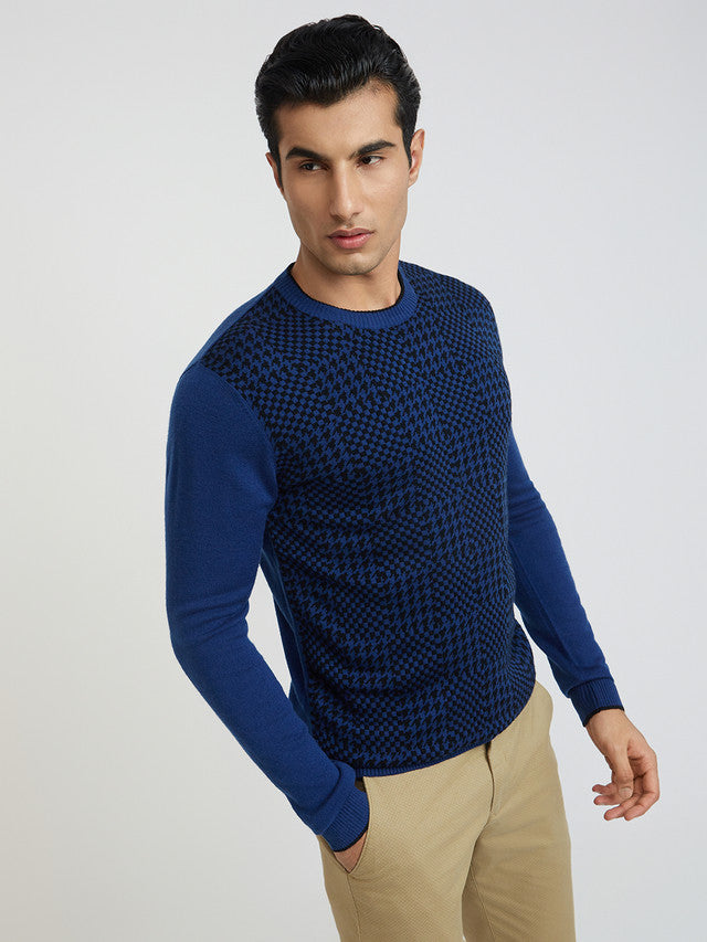 Men Blue Jacquard Acrylic Wool Blend Round Collar Sweaters
