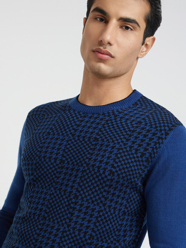 Men Blue Jacquard Acrylic Wool Blend Round Collar Sweaters
