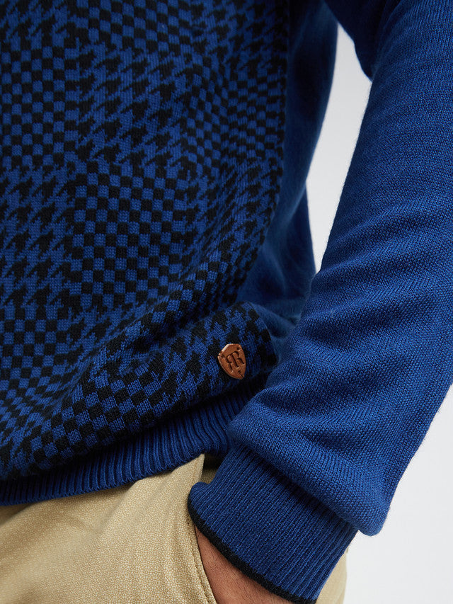 Men Blue Jacquard Acrylic Wool Blend Round Collar Sweaters