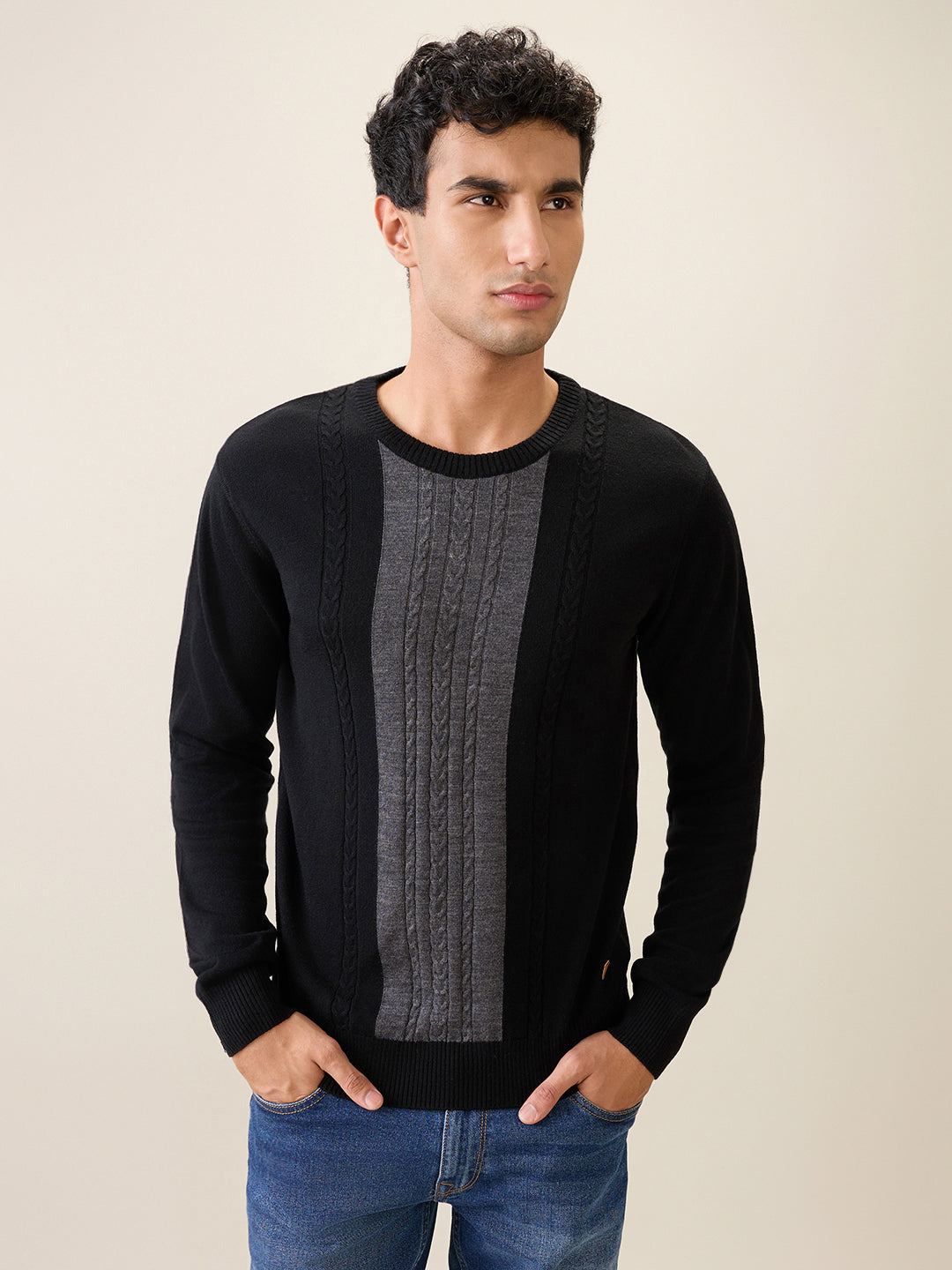 Raymond Men Black Structure Cable Acrlic Blend Full Sleeve Round Neck Collar Sweater