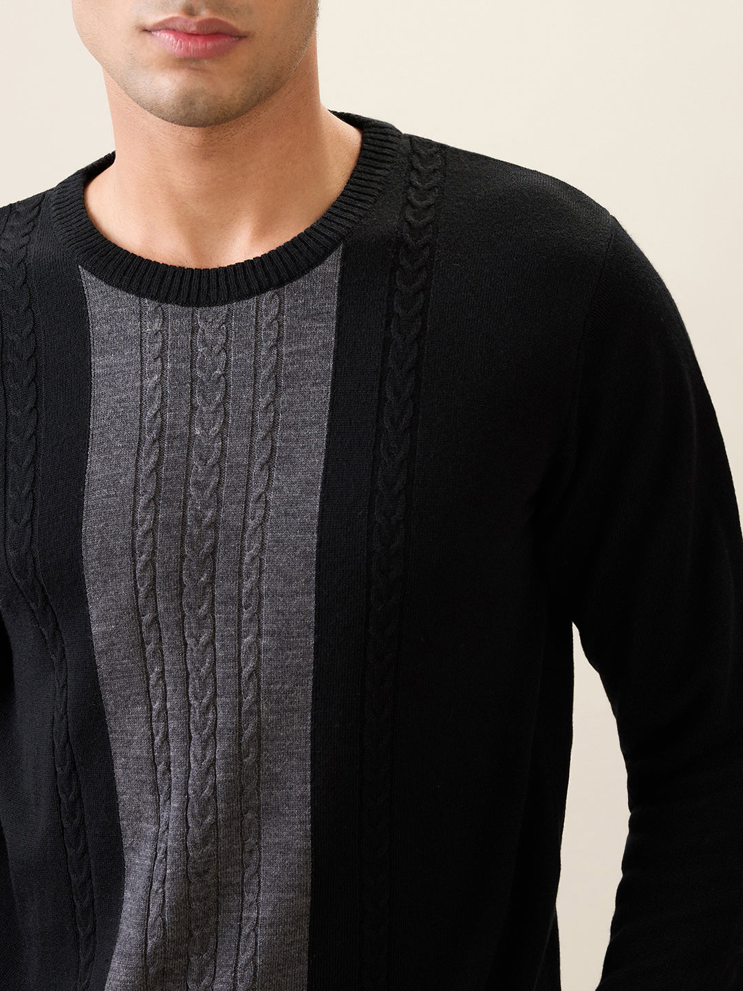 Raymond Men Black Structure Cable Acrlic Blend Full Sleeve Round Neck Collar Sweater