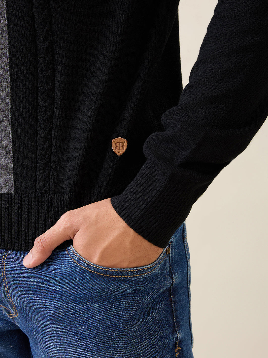 Raymond Men Black Structure Cable Acrlic Blend Full Sleeve Round Neck Collar Sweater