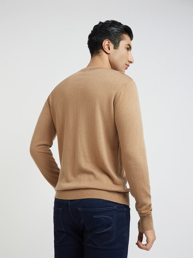 Men Fawn Structure Cable Acrylic Wool Blend Round Collar Sweaters