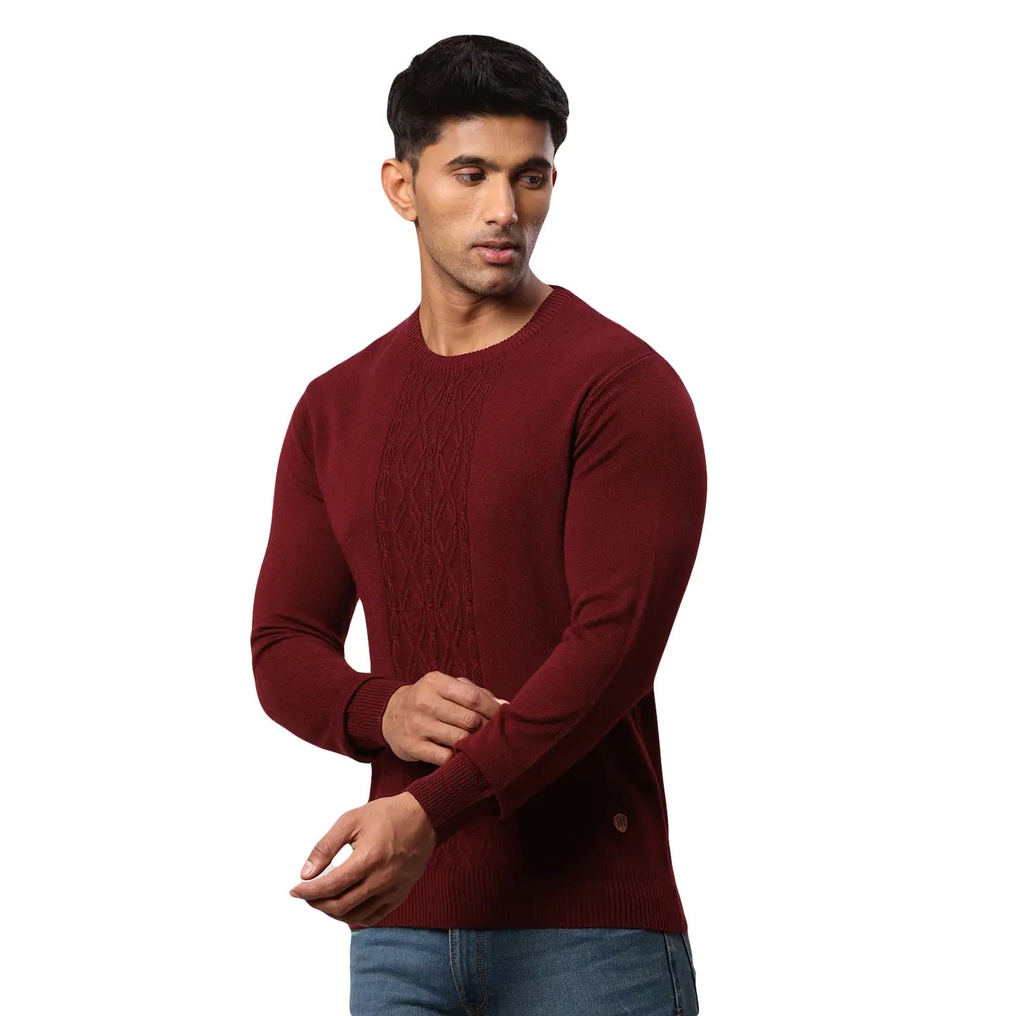 Men Maroon Structure Cable Acrylic Wool Blend Round Collar Sweaters