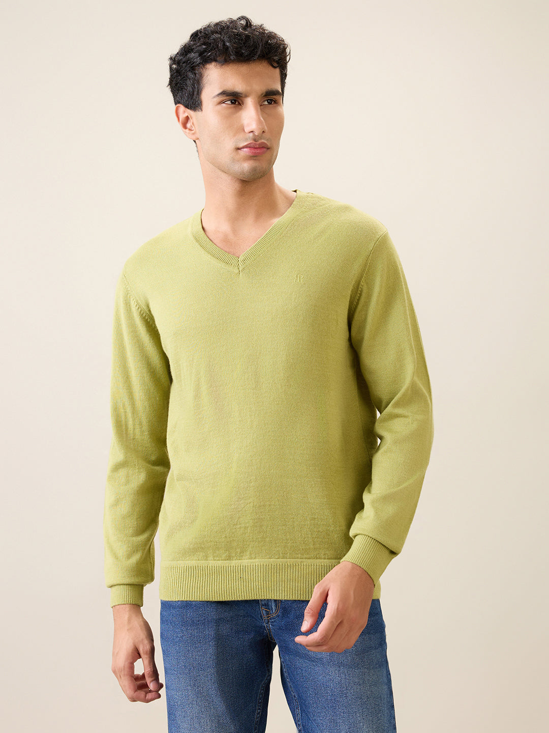 Raymond Men Green Solid Wool Blend Full Sleeve V Neck Collar Sweater