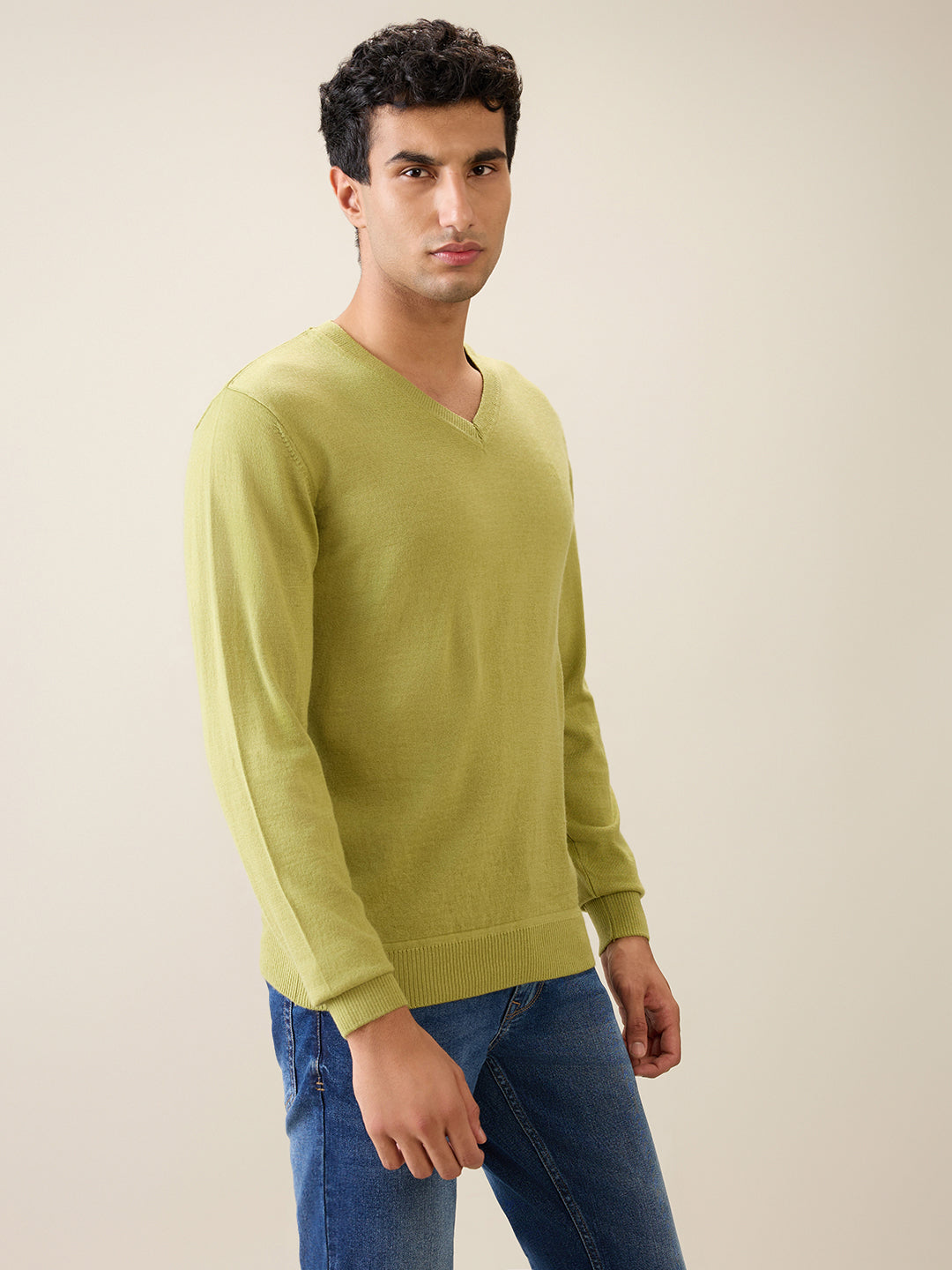 Raymond Men Green Solid Wool Blend Full Sleeve V Neck Collar Sweater