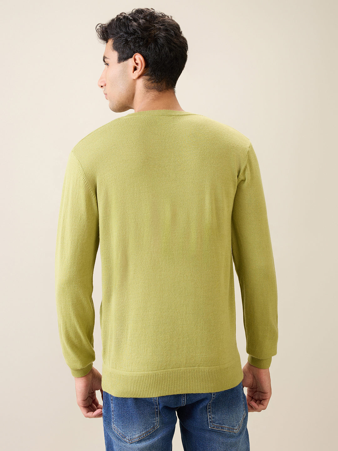 Raymond Men Green Solid Wool Blend Full Sleeve V Neck Collar Sweater