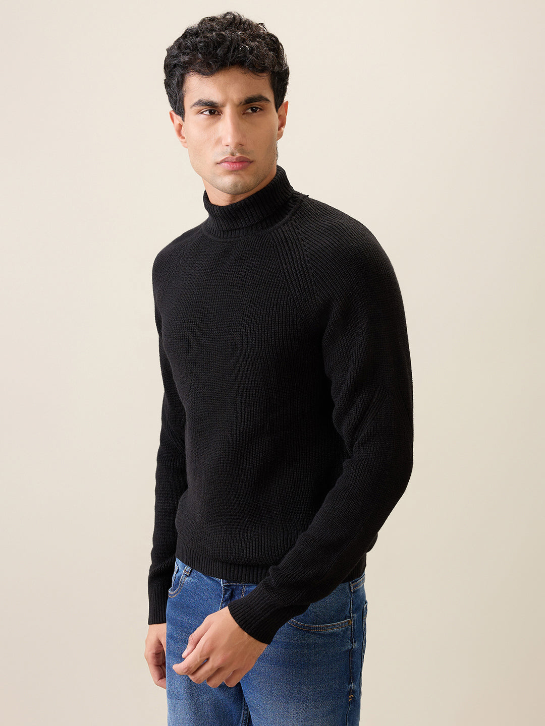 Raymond Men Black Structure Regular Fit Acro Blend Full Sleeve Turtle Neck Collar Sweater