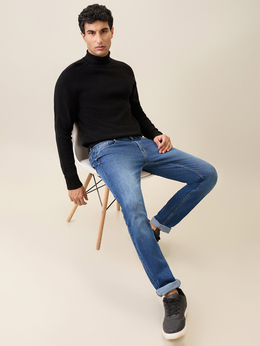 Raymond Men Black Structure Regular Fit Acro Blend Full Sleeve Turtle Neck Collar Sweater