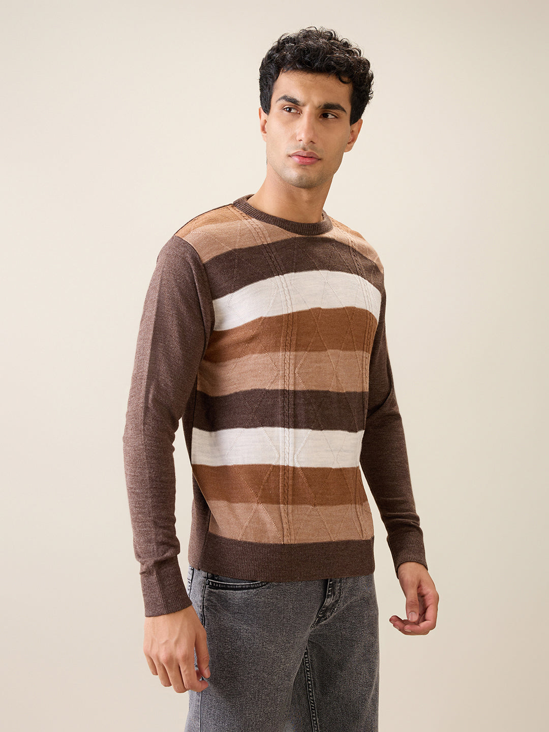 Raymond Men Brown Stripe Acrylic Full Sleeve Round Neck Collar Sweater