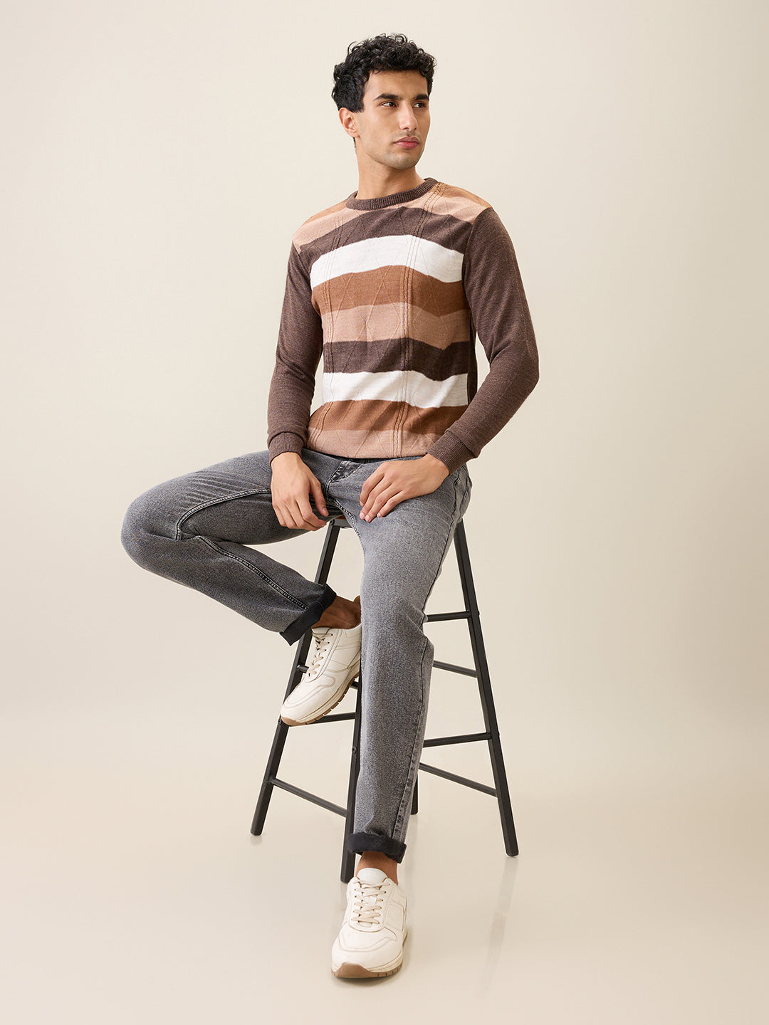 Raymond Men Brown Stripe Acrylic Full Sleeve Round Neck Collar Sweater