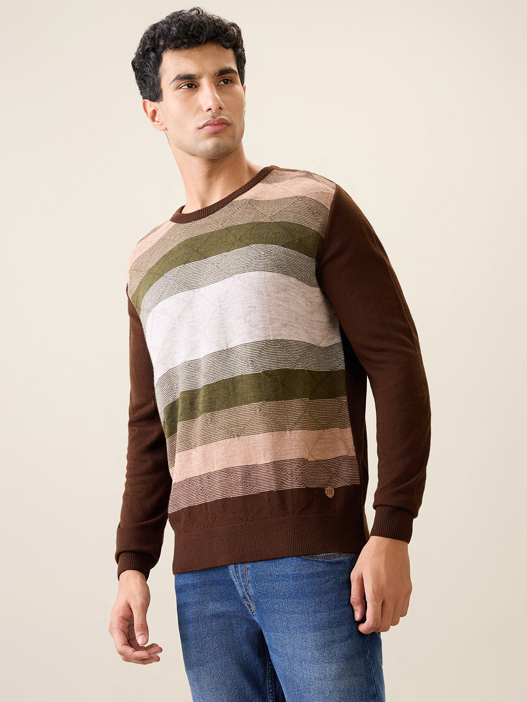 Raymond Men Green Stripe Acrylic Full Sleeve Round Neck Collar Sweater