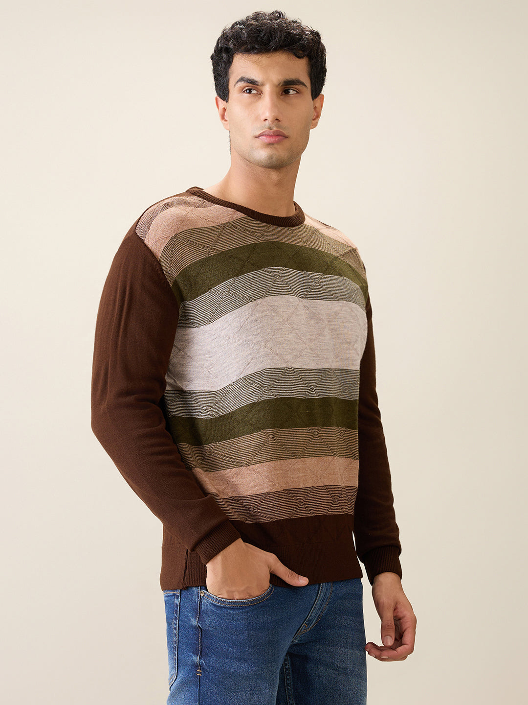 Raymond Men Green Stripe Acrylic Full Sleeve Round Neck Collar Sweater