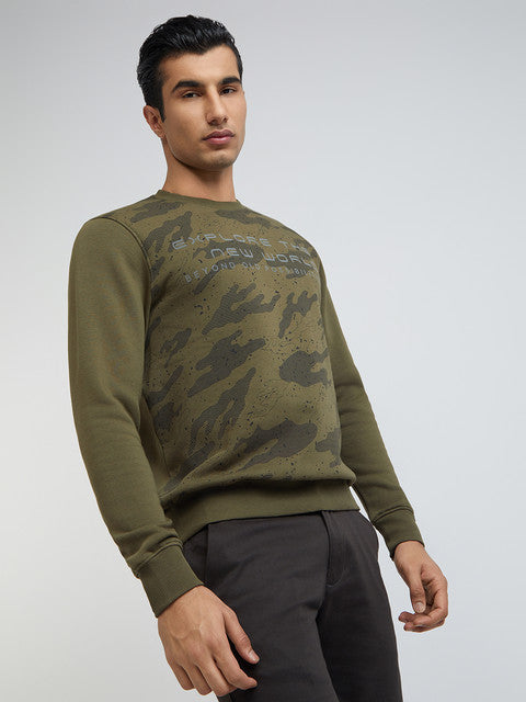 Men Green Regular Fit Print Cotton Polyester Blend Sweatshirts