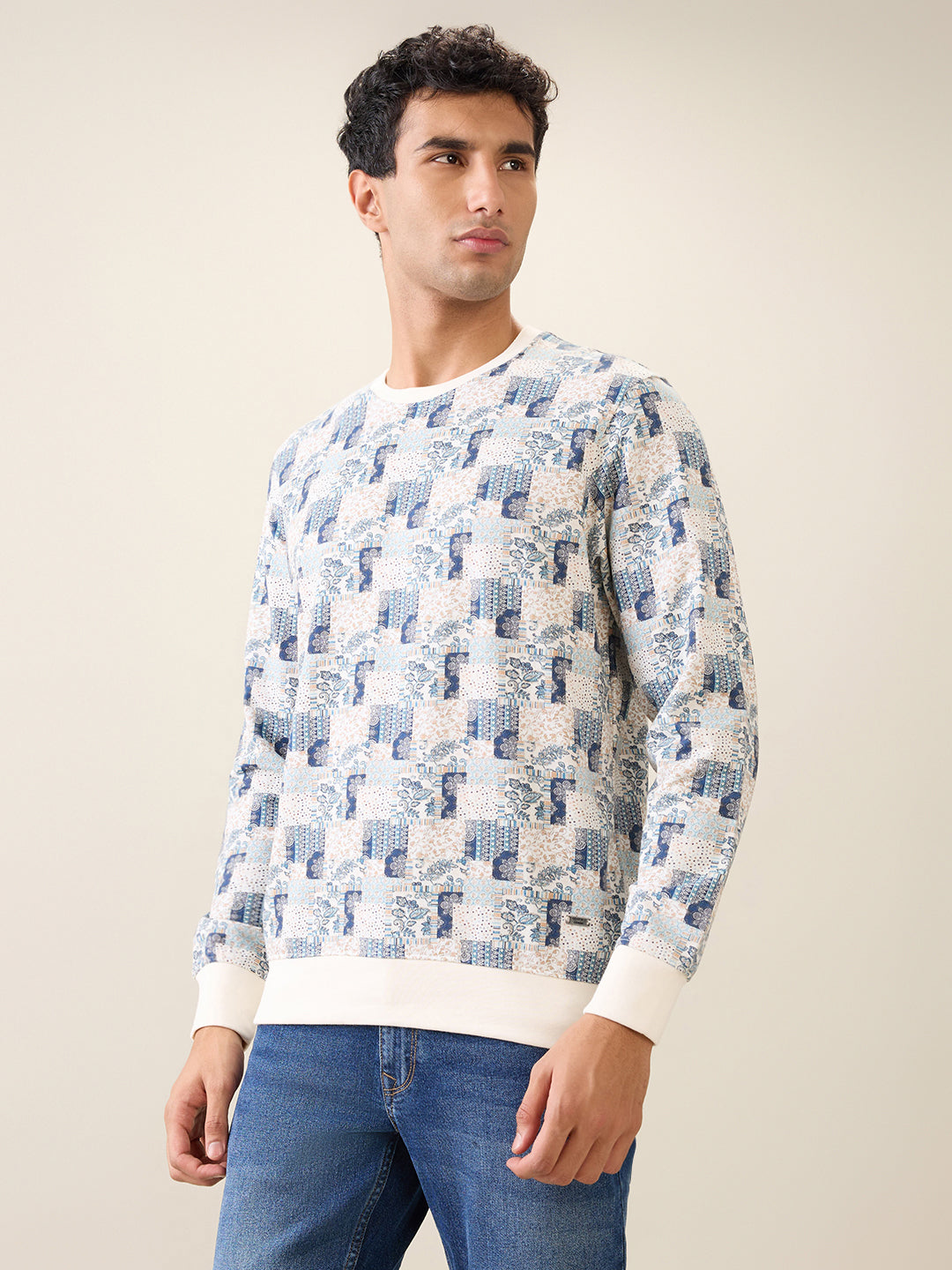 Parx Men White Printed Regular Fit Cotton Full Sleeve Round Neck Collar Sweatshirt