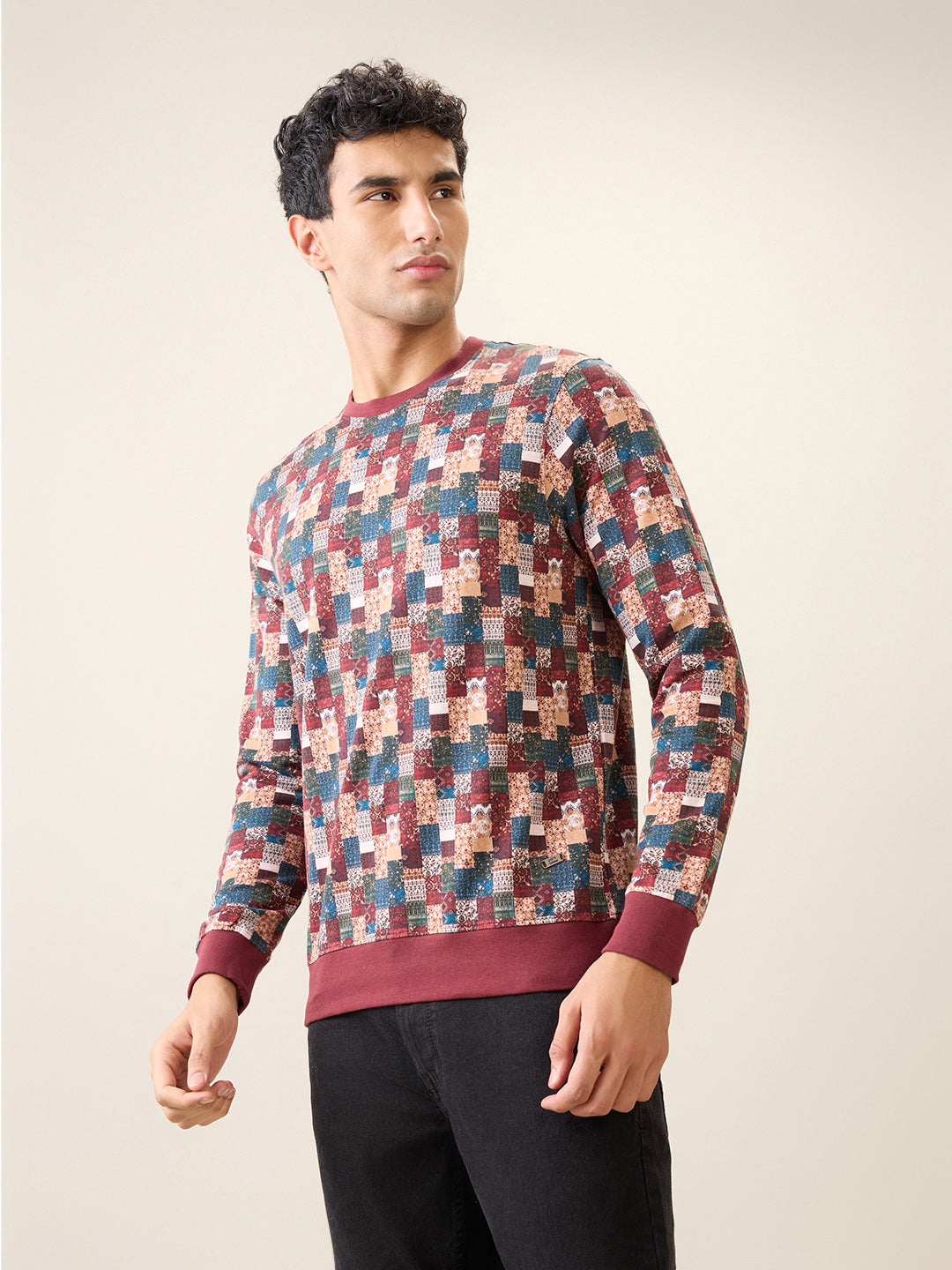 Parx Men Orange Printed Regular Fit Cotton Full Sleeve Round Neck Collar Sweatshirt