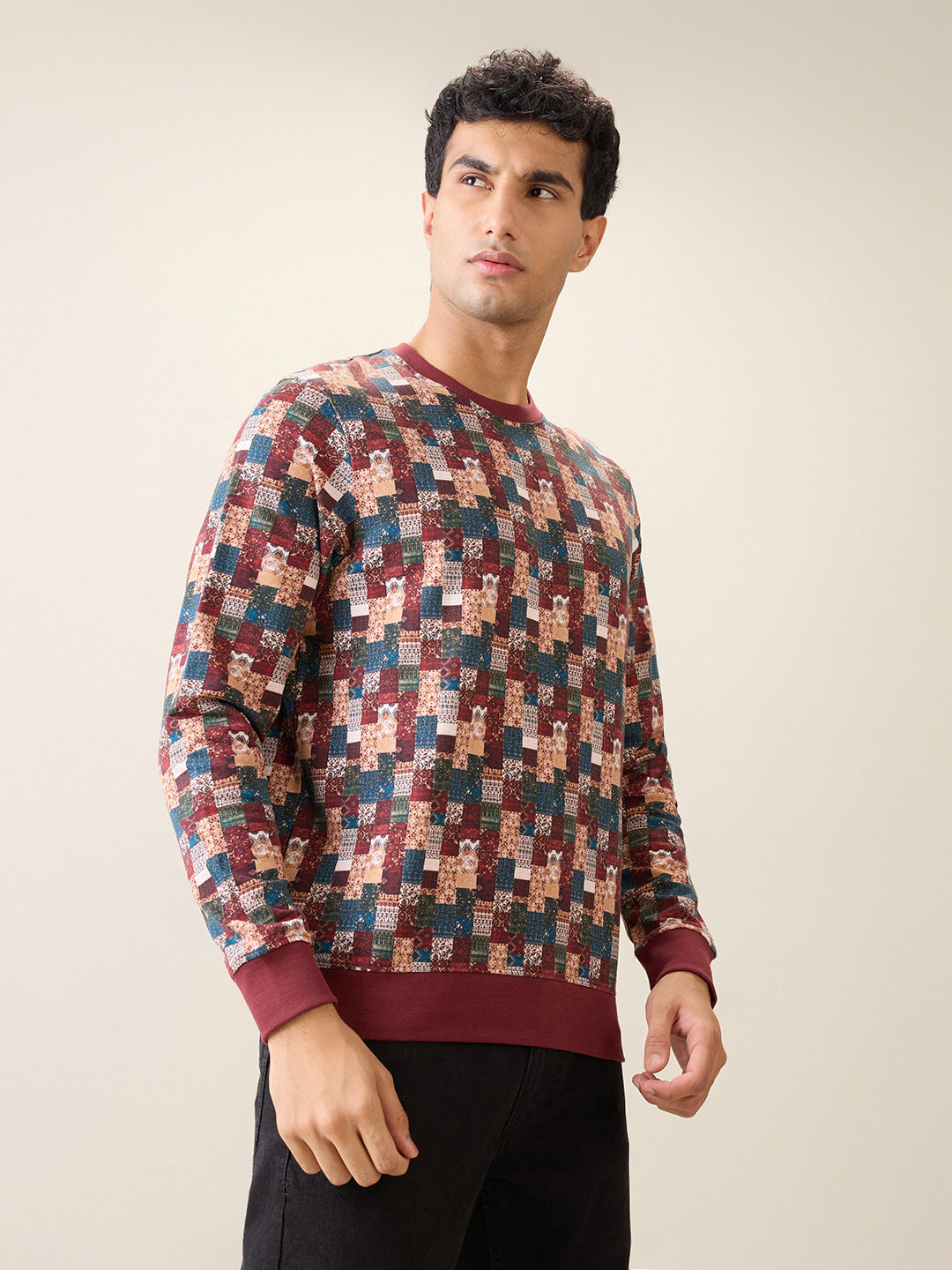 Parx Men Orange Printed Regular Fit Cotton Full Sleeve Round Neck Collar Sweatshirt