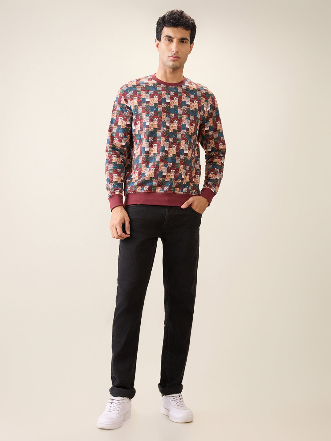 Parx Men Orange Printed Regular Fit Cotton Full Sleeve Round Neck Collar Sweatshirt