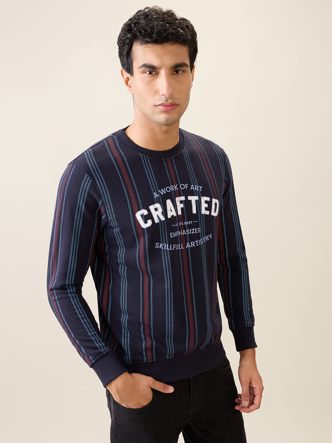 Parx Men Blue Printed Regular Fit Cotton Blend Full Sleeve Round Neck Collar Sweatshirt