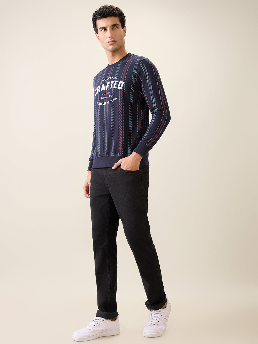 Parx Men Blue Printed Regular Fit Cotton Blend Full Sleeve Round Neck Collar Sweatshirt