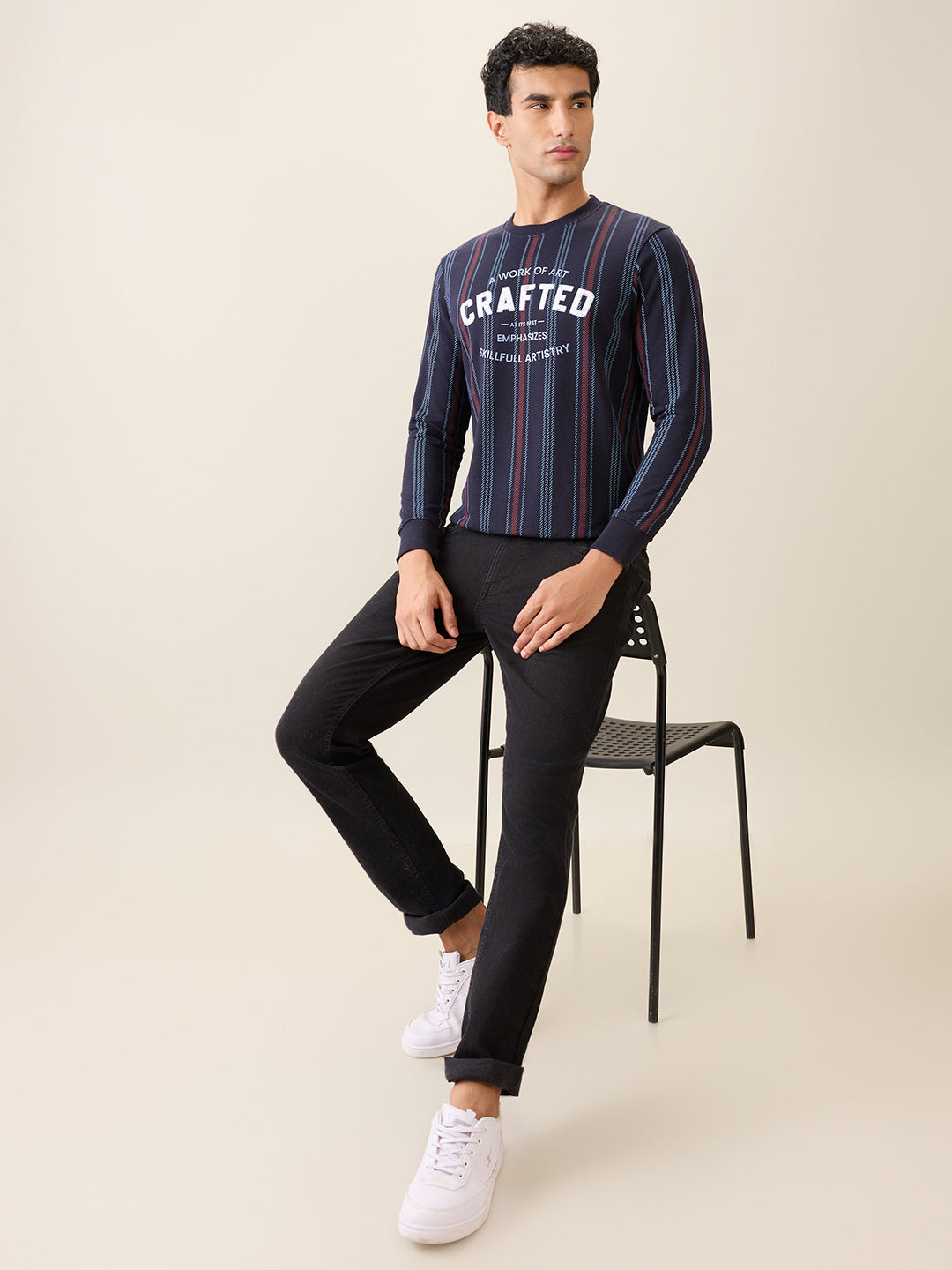 Parx Men Blue Printed Regular Fit Cotton Blend Full Sleeve Round Neck Collar Sweatshirt