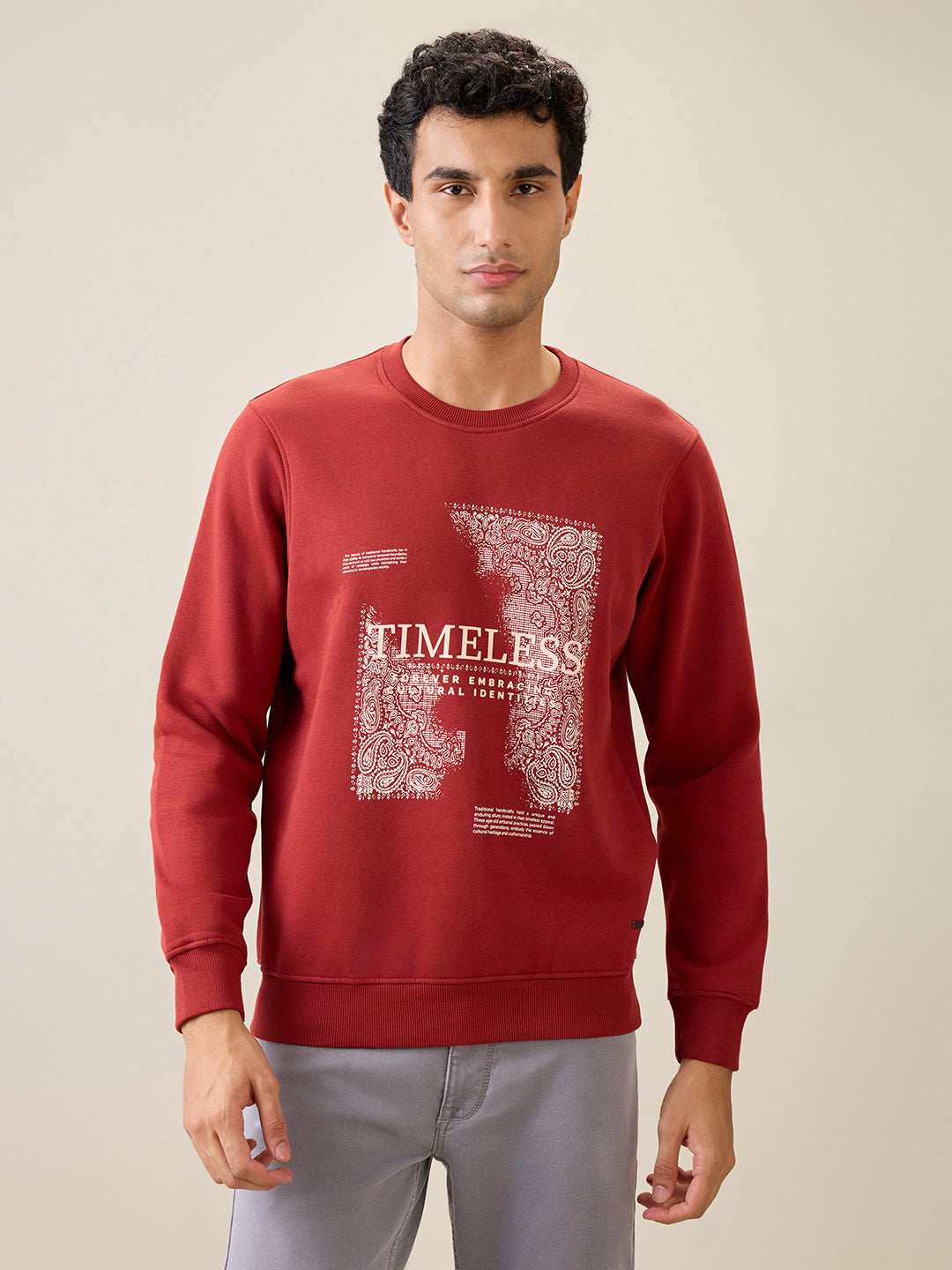 Parx Men Orange Graphic Regular Fit Cotton Blend Full Sleeve Round Neck Collar Sweatshirt