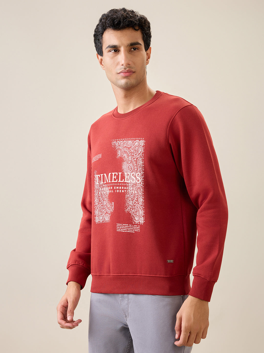 Parx Men Orange Graphic Regular Fit Cotton Blend Full Sleeve Round Neck Collar Sweatshirt