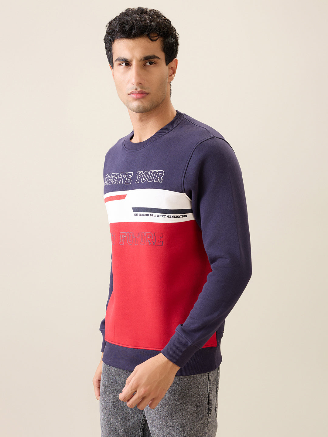 Parx Men Blue Cut & Sew Regular Fit Cotton Blend Full Sleeve Round Neck Collar Sweatshirt